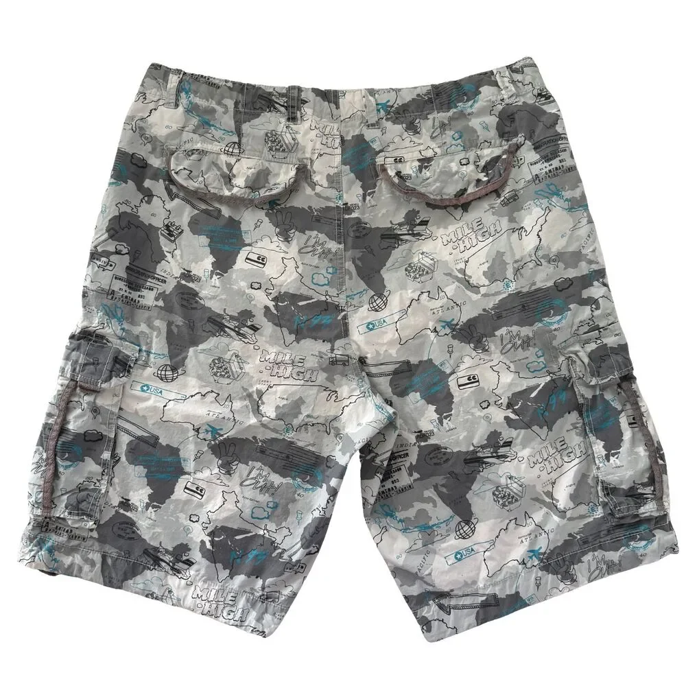 Y2K Ecko Unltd Cargo Shorts Men 38 Mile High All Over Print WhiteBlue Gray White